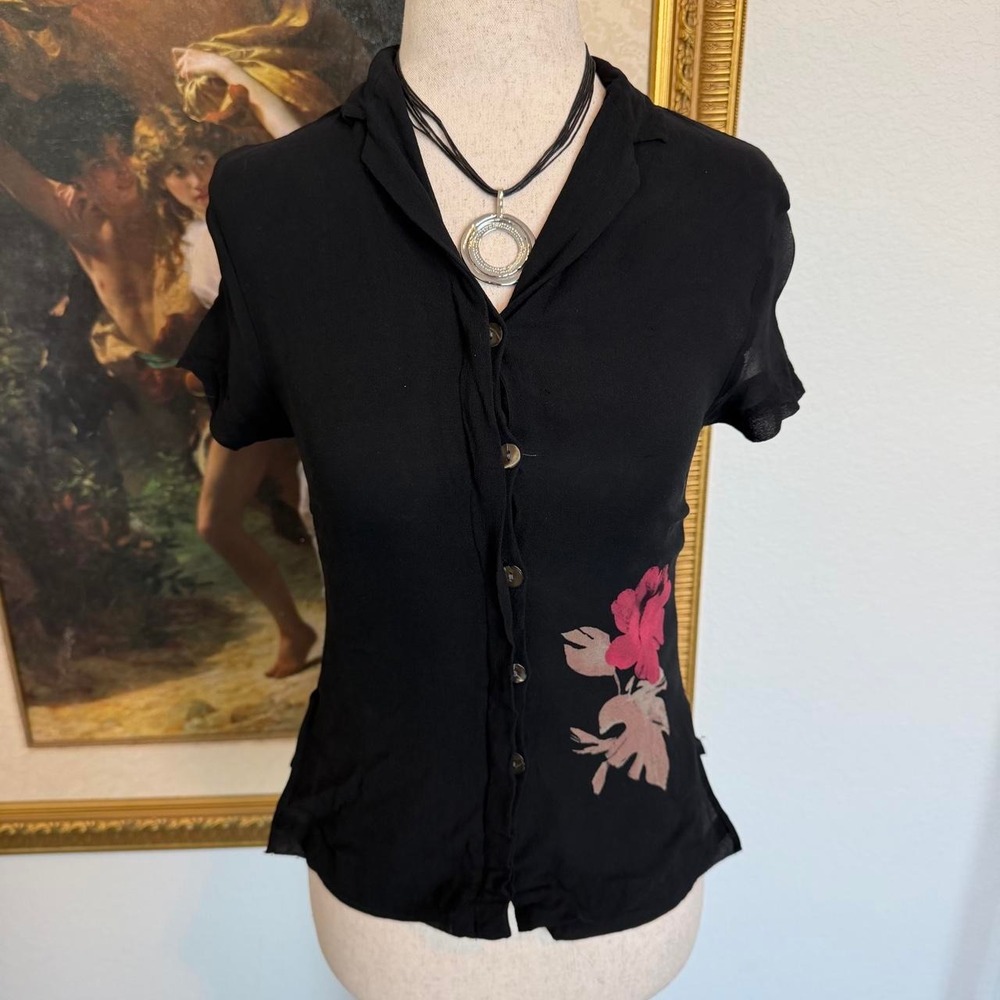 Vintage 100% Silk Whimsi Button Up with Floral Detail